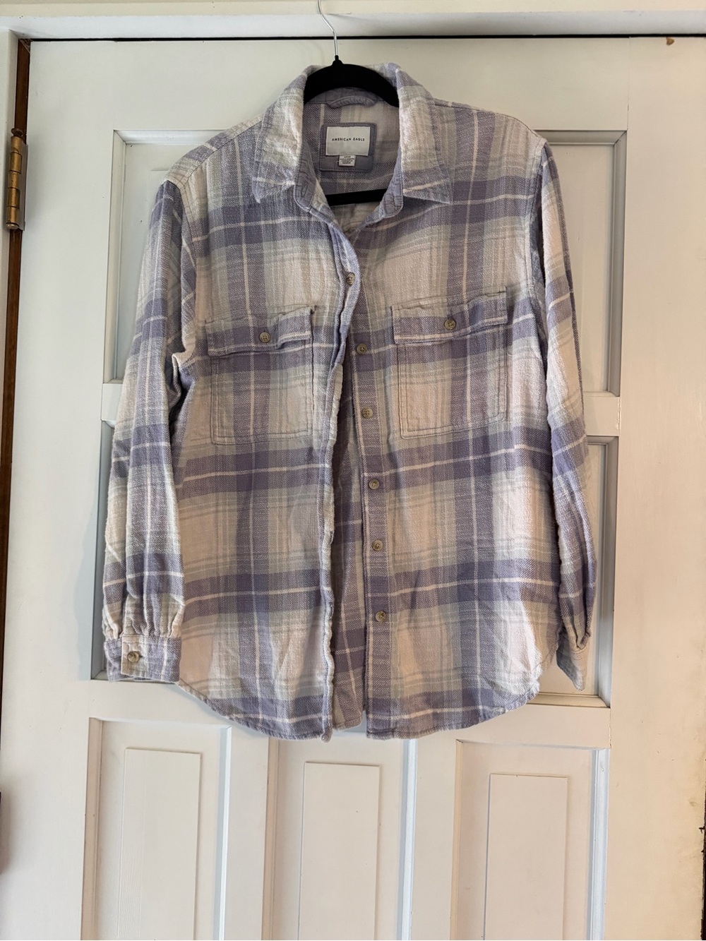 American Eagle Outfitters Lavender and White Plaid Button-Down Shirt